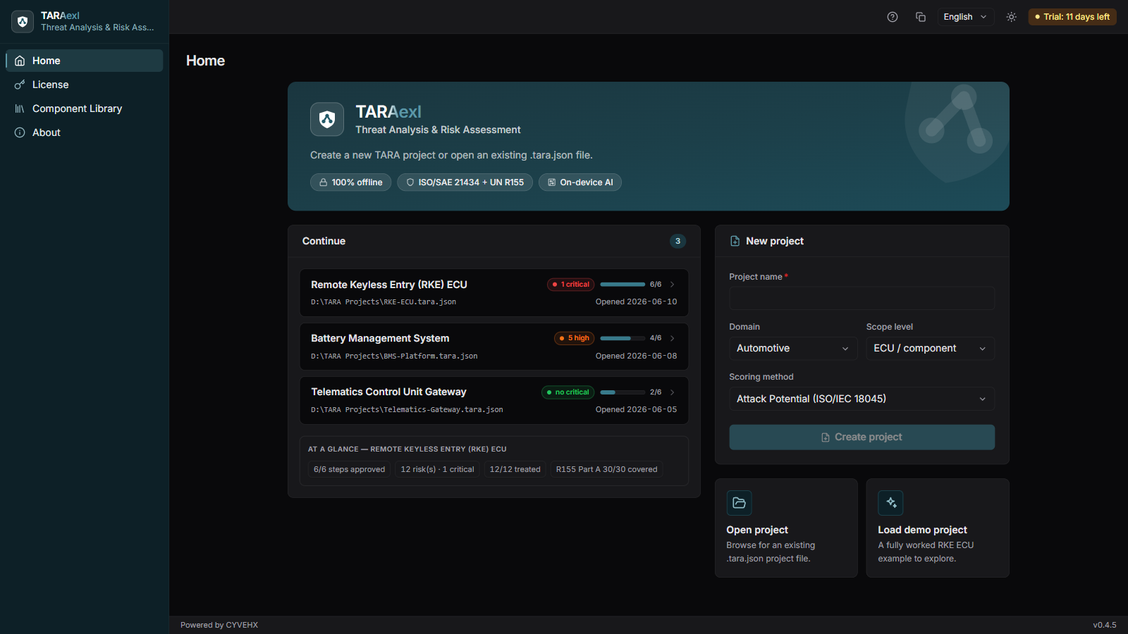 TARAexl project home — recent projects, risk at a glance, and a new-project wizard