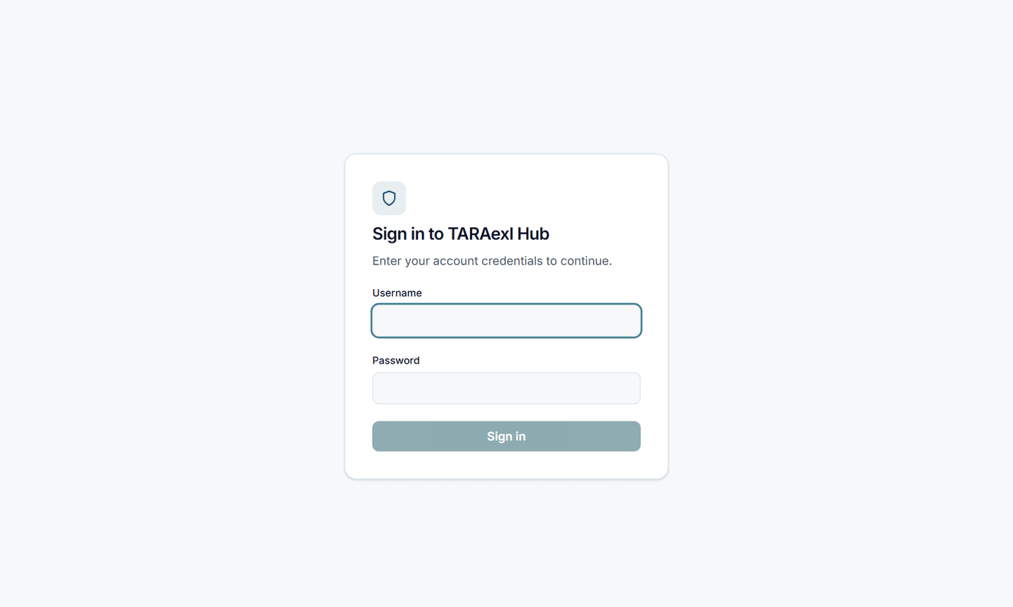 TARAexl Hub sign-in page, opened in a web browser on the company server