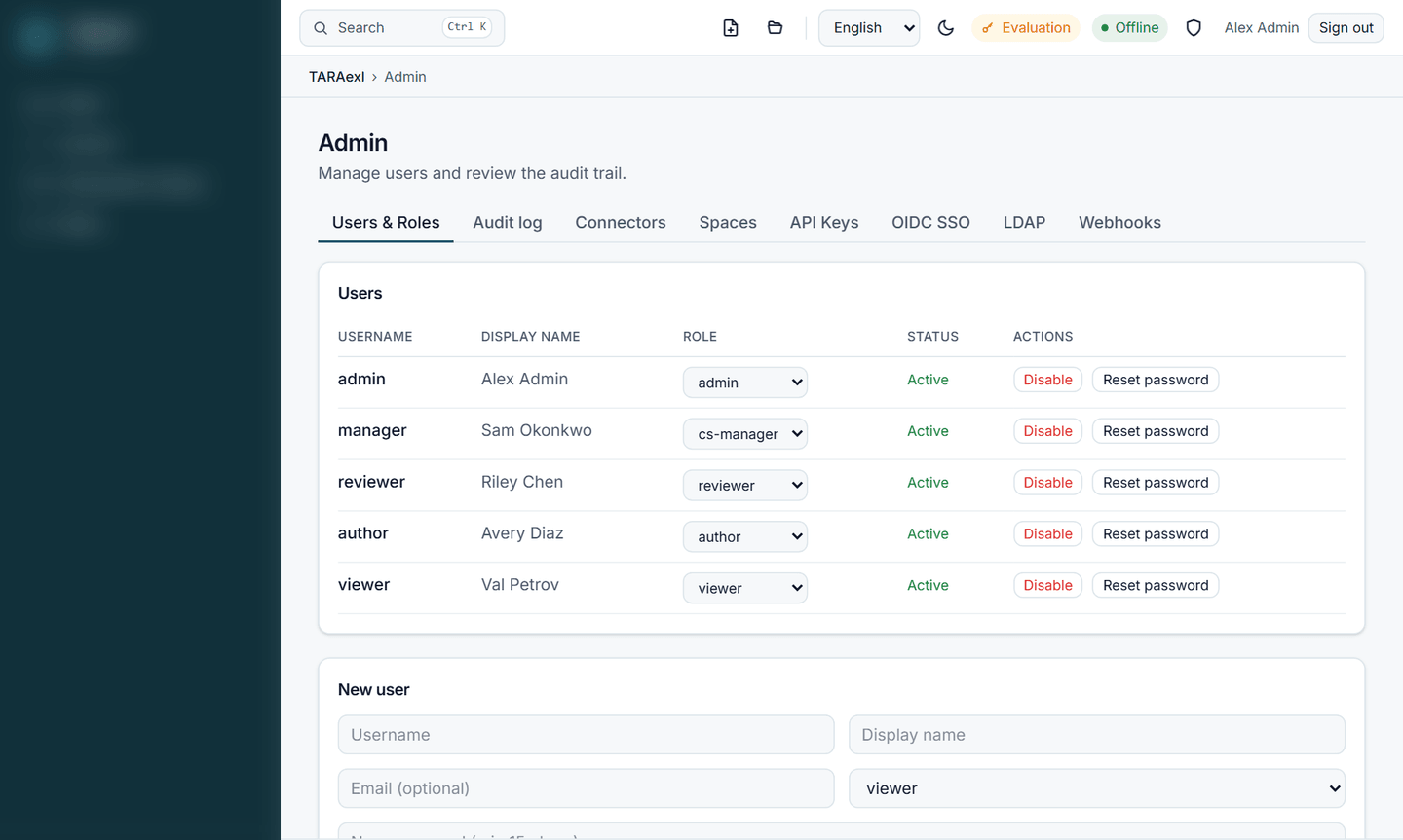 TARAexl Hub admin console — users and their roles, with the audit, connectors, spaces, API keys, SSO, LDAP and webhooks tabs