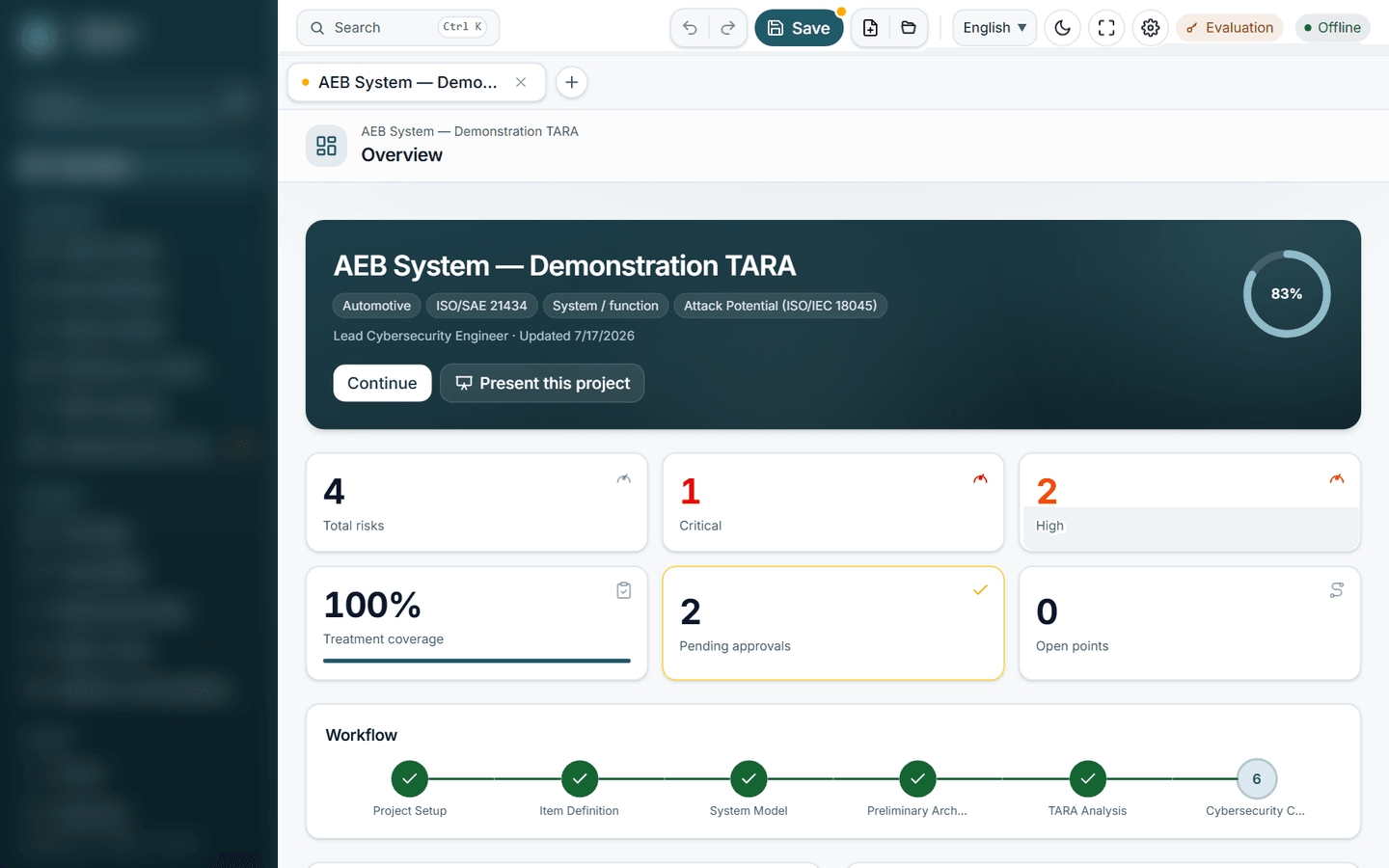 TARAexl Studio — project overview with risk posture and the guided ISO/SAE 21434 workflow