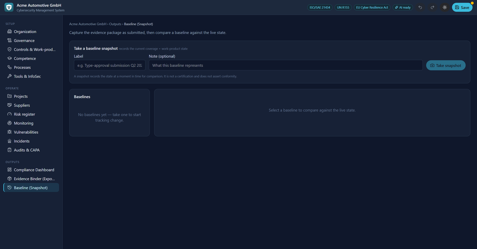 Baseline snapshot — capture a baseline and diff against it to see drift and regressions