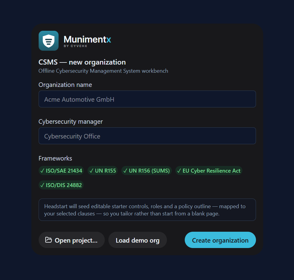 Headstart — editable starter content mapped to the selected frameworks