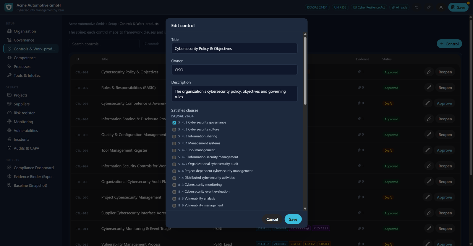Control editor — clause mapping and supporting evidence in one place